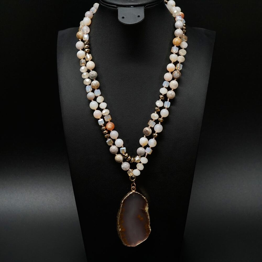 Boho Flapper Length Beaded Necklace Slice Pendant Earth Tone 38" Long Strand